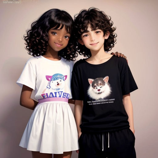 two young girls standing next to each other wearing matching t - shirts and shorts with a dog on the front