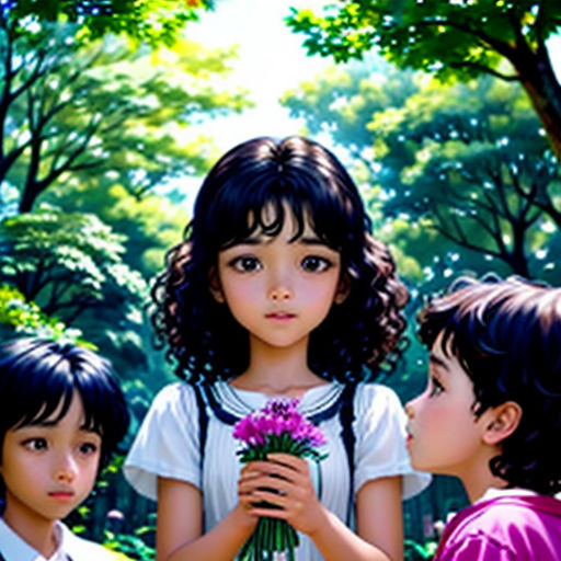 three children are standing in a park with flowers in their hands and one of them is holding a bouquet of flowers
