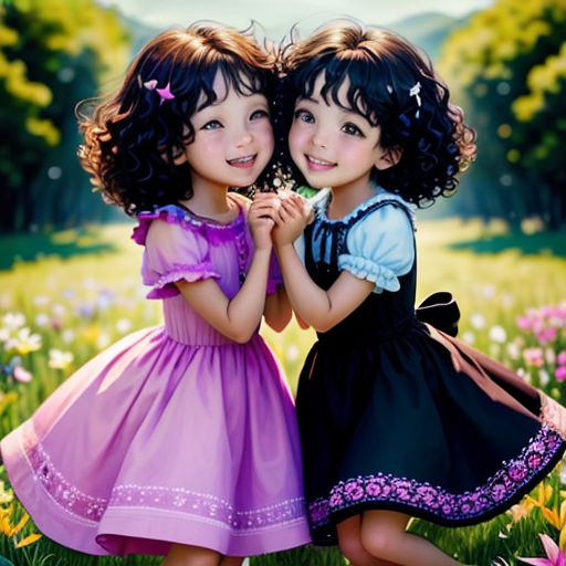 two little girls standing next to each other in a field of flowers with a butterfly in their hand and a butterfly in their hand
