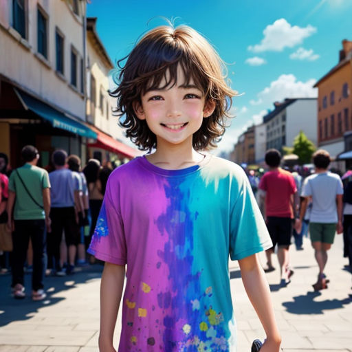 a young boy standing on a sidewalk in front of a crowd of people wearing colorful shirts and shorts and holding a skateboard