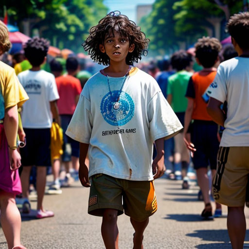 a young boy riding a skateboard down a street next to other people and trees in the background,