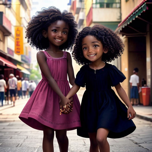 two young girls are walking down a street together, holding hands and smiling at the camera, with a city background