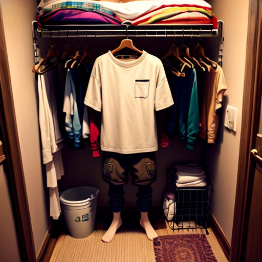 a closet with a t - shirt and pants hanging on a rack and a bucket of clothes on a rug