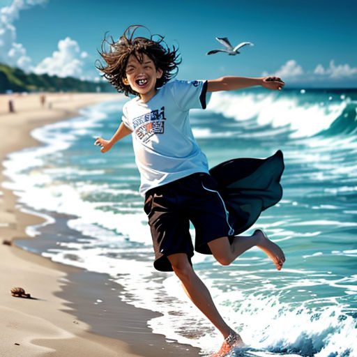 a young girl running on the beach with a bird flying over her head and a bird flying over her head