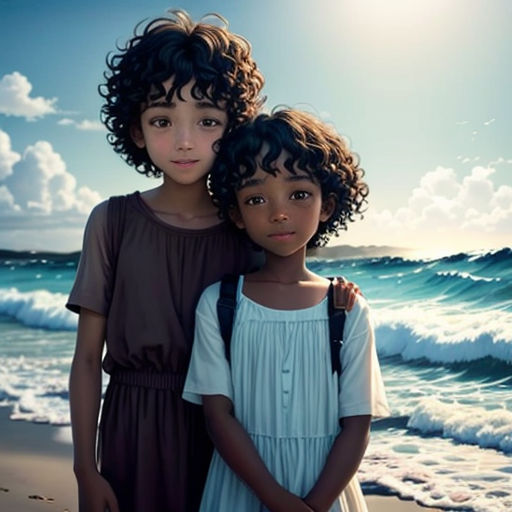 two children standing on a beach with the sun shining behind them and the ocean in the background, with a blue sky and clouds