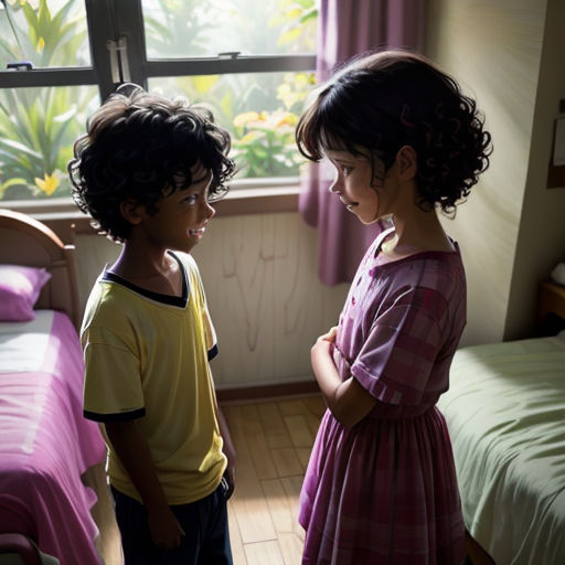 two children standing in a bedroom looking at each other and smiling at each other with a window in the background
