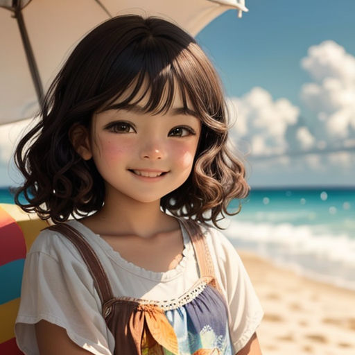 a little girl standing on a beach holding an umbrella over her head and smiling at the camera with a blue sky and ocean in the background