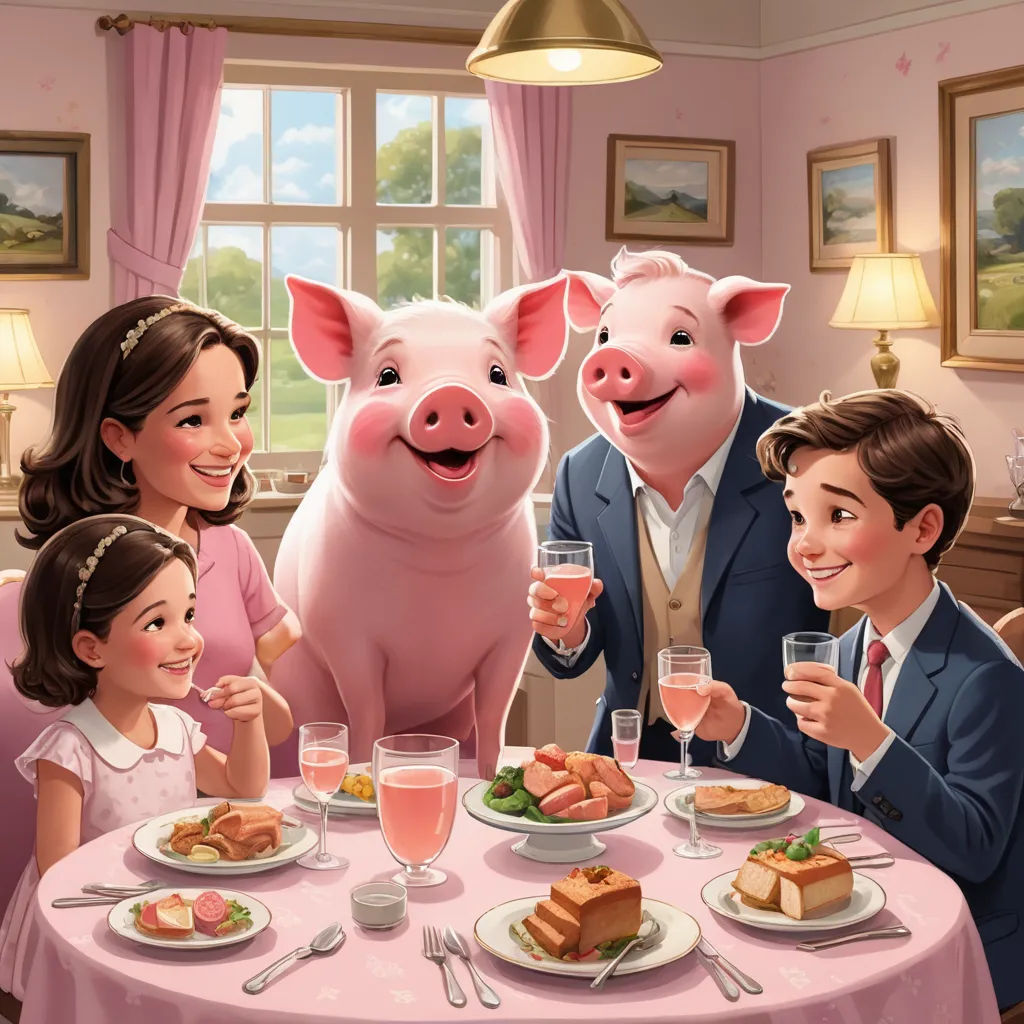 a family sitting at a table with pigs in the background and a pig in the middle of the table, american realism, a storybook illustration, F Scott Hess, storybook illustration