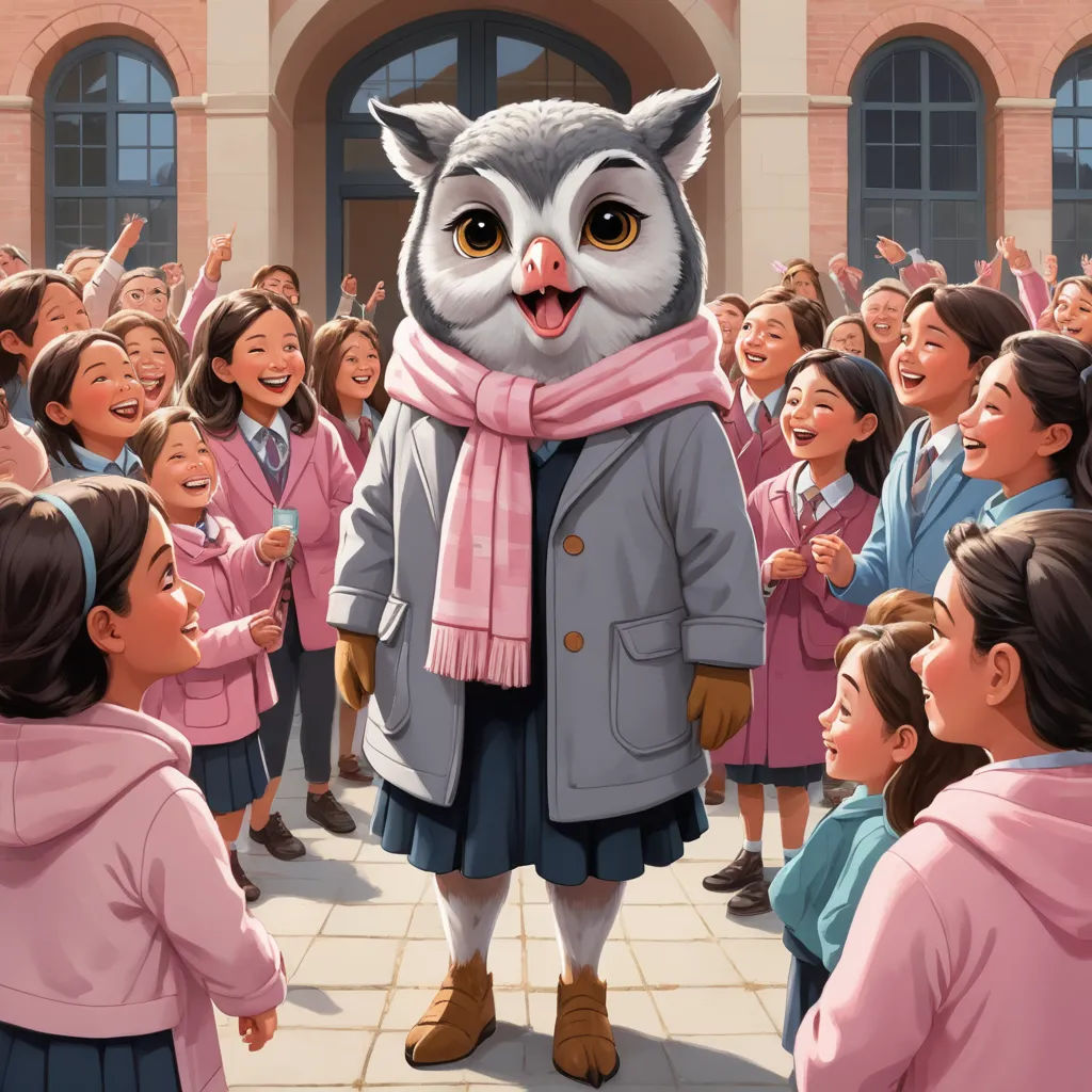 a cartoon of a girl in a school uniform with an owl on her head and a crowd of children in the background, quito school, a storybook illustration, Chris LaBrooy, storybook illustration