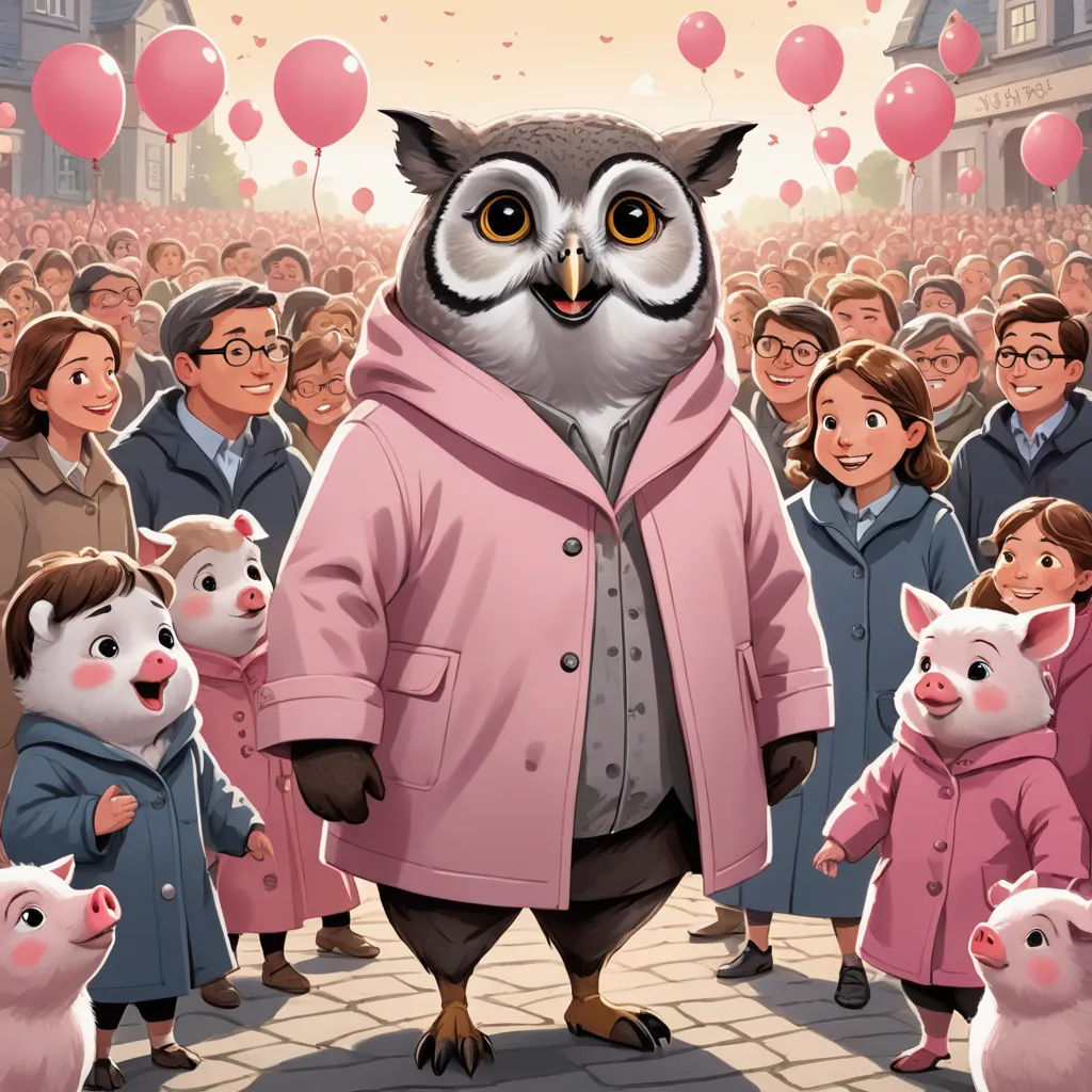 a cartoon of a man in a pink coat surrounded by pigs and pigs in a crowd of people with balloons, furry art, a storybook illustration, Chris LaBrooy, official art