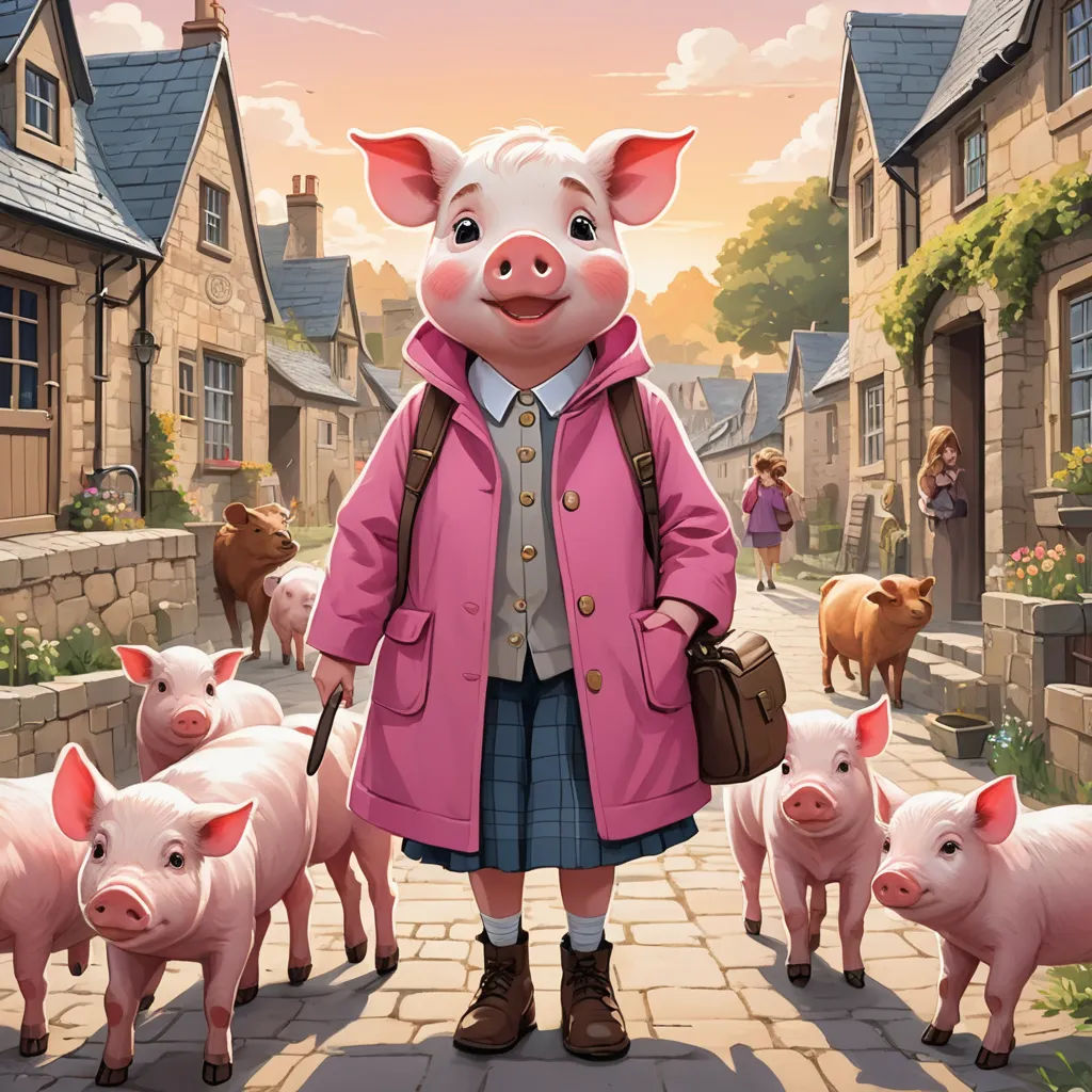 a pig in a pink coat standing in front of a group of pigs in a village with a woman in a pink coat, furry art, poster art, David Young Cameron, official art