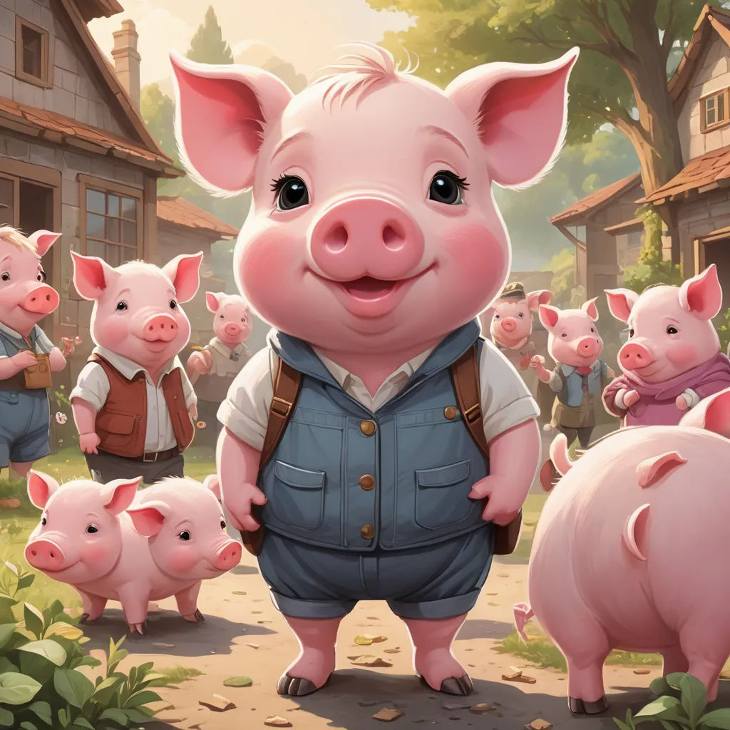 a pig with a group of pigs in the background, and a man in overalls standing in front of them, sots art, a storybook illustration, Diego Gisbert Llorens, official art
