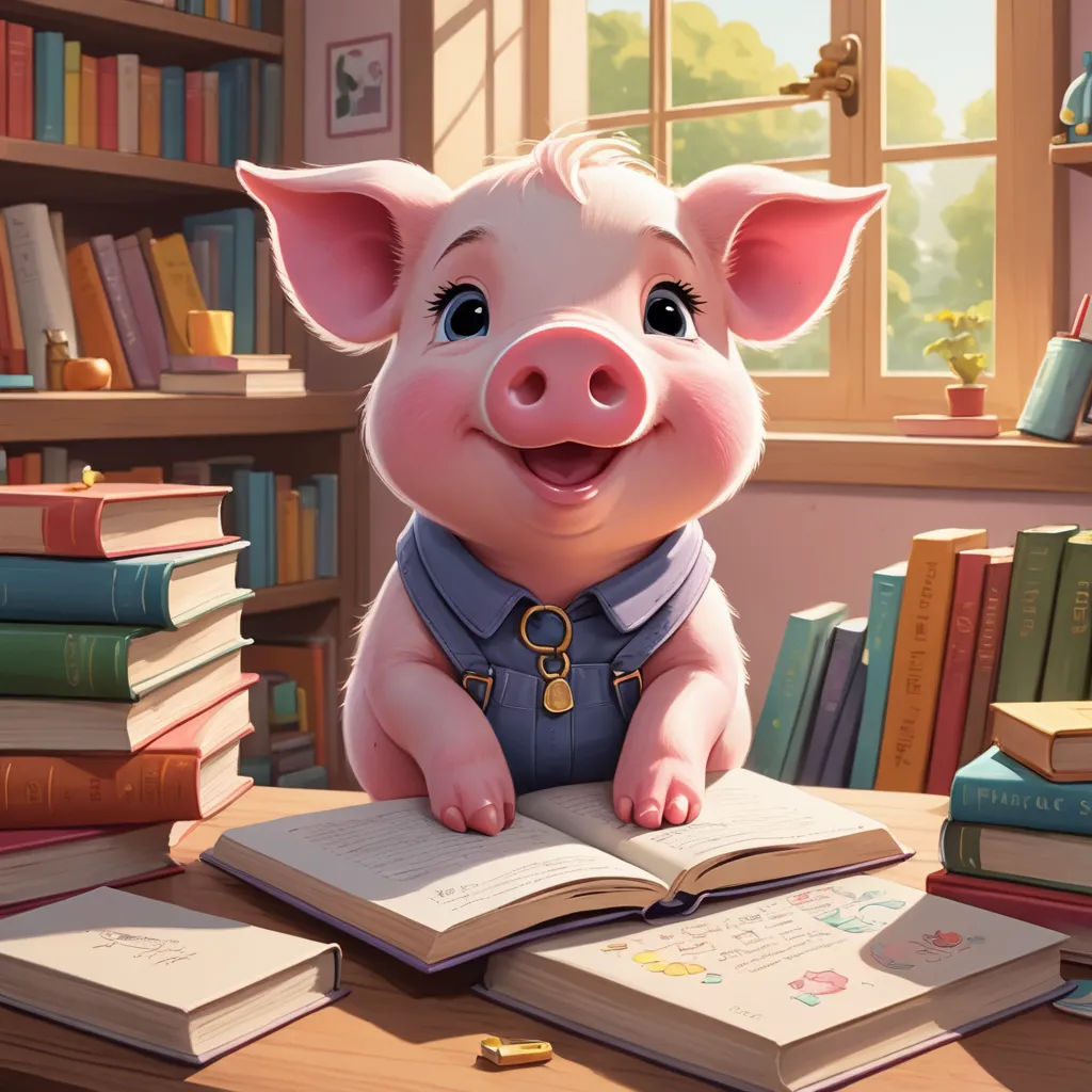 a pig sitting on a table with a book in front of it and a window behind it, with books on the floor, furry art, a storybook illustration, Diego Gisbert Llorens, storybook illustration