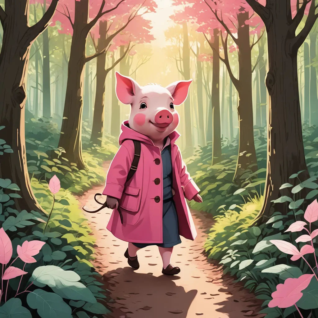 a pig in a pink coat is walking through a forest with pink flowers and trees on either side of the path, context art, a storybook illustration, Diego Gisbert Llorens, storybook illustration