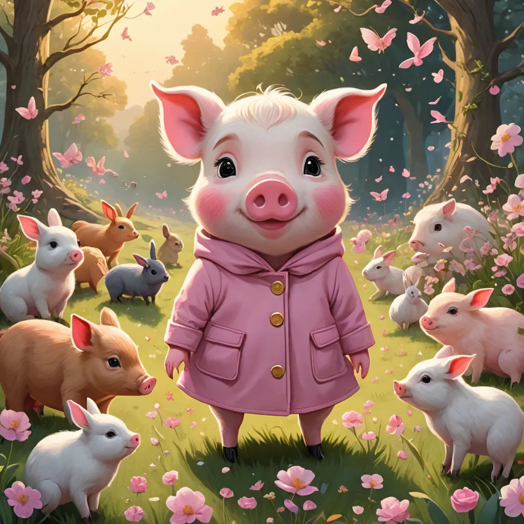 a pig in a pink coat surrounded by pigs in a field of flowers and butterflies, with a forest background, fantasy art, a storybook illustration, Clarice Beckett, official art