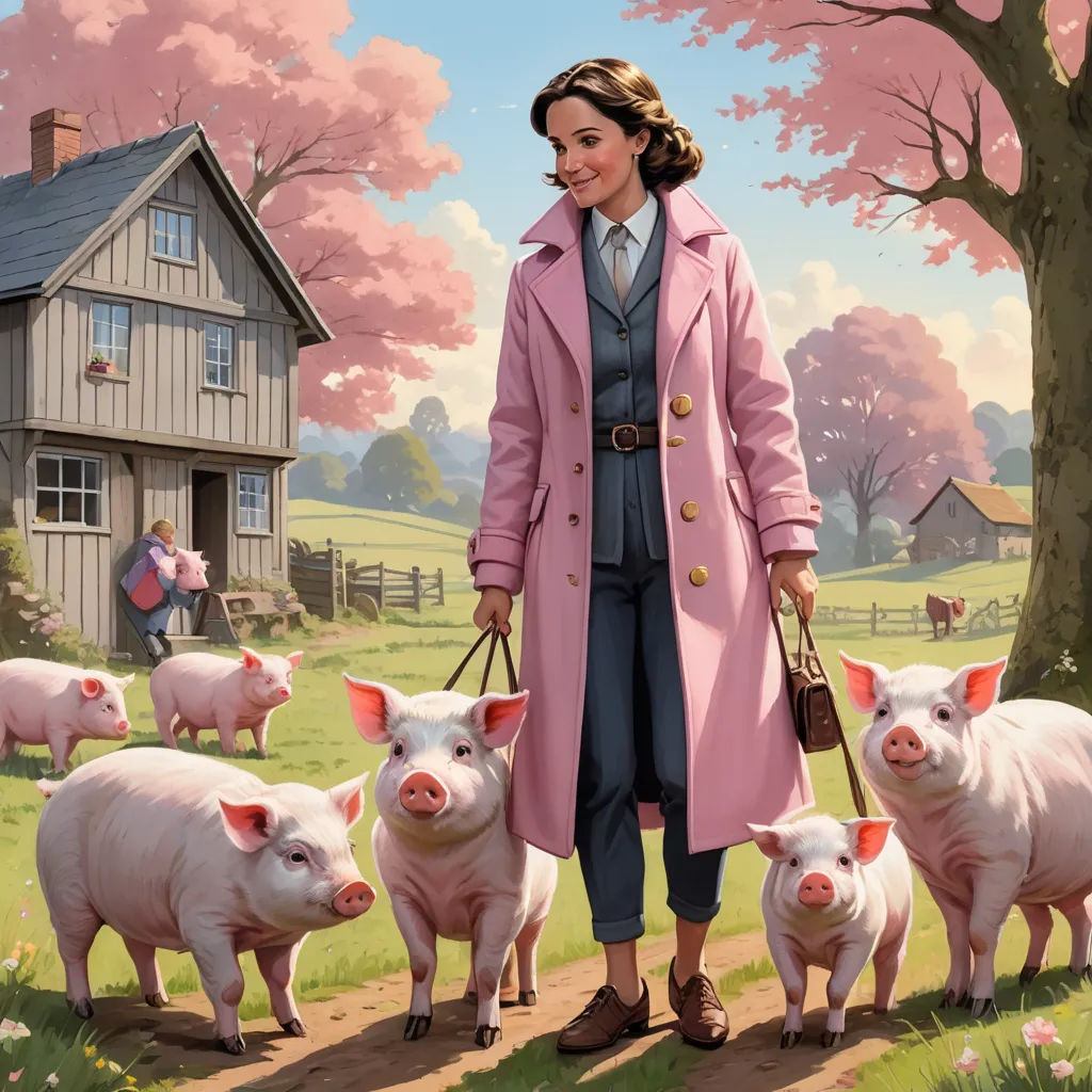 a woman in a pink coat is standing with pigs in a field and a house in the background with pink trees, american realism, a character portrait, Edwin Georgi, official art