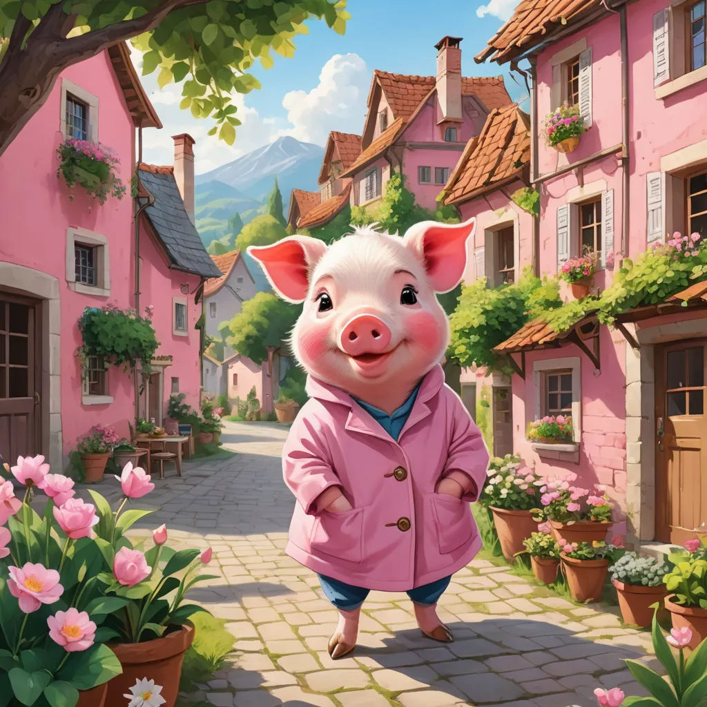 a pig in a pink coat is walking down a cobblestone street with potted flowers and a pink house, american scene painting, a storybook illustration, Chris LaBrooy, official art