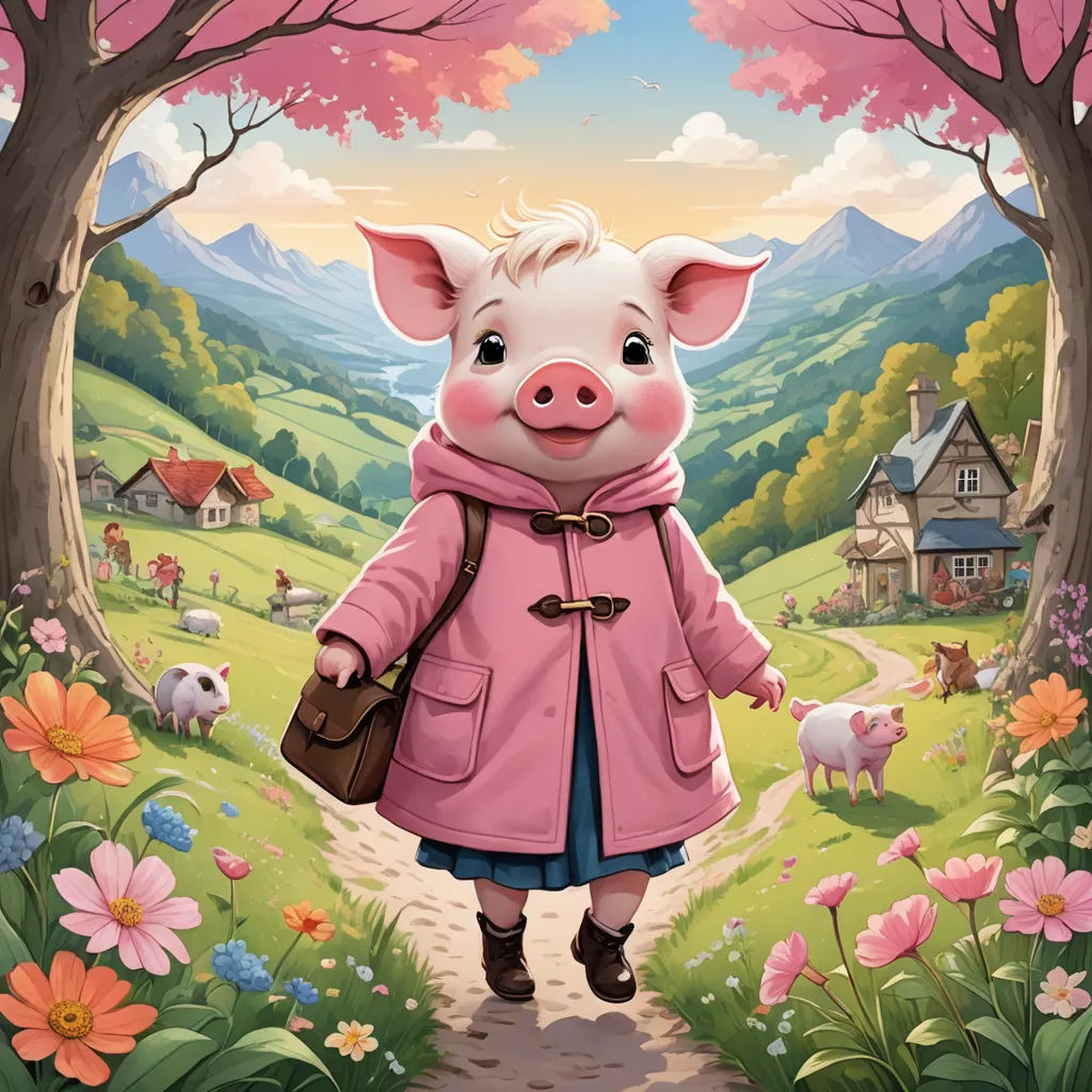 a pig in a pink coat is walking through a field with flowers and trees, and a house in the background, sots art, a storybook illustration, Bob Byerley, official art