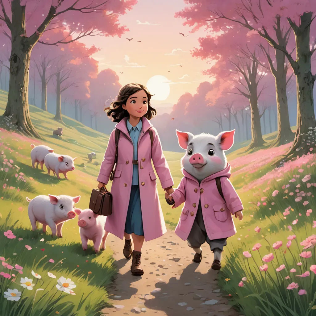 a painting of a girl and a pig walking down a path with a pig in the background and a pig in the foreground, sots art, a storybook illustration, David Park, official art