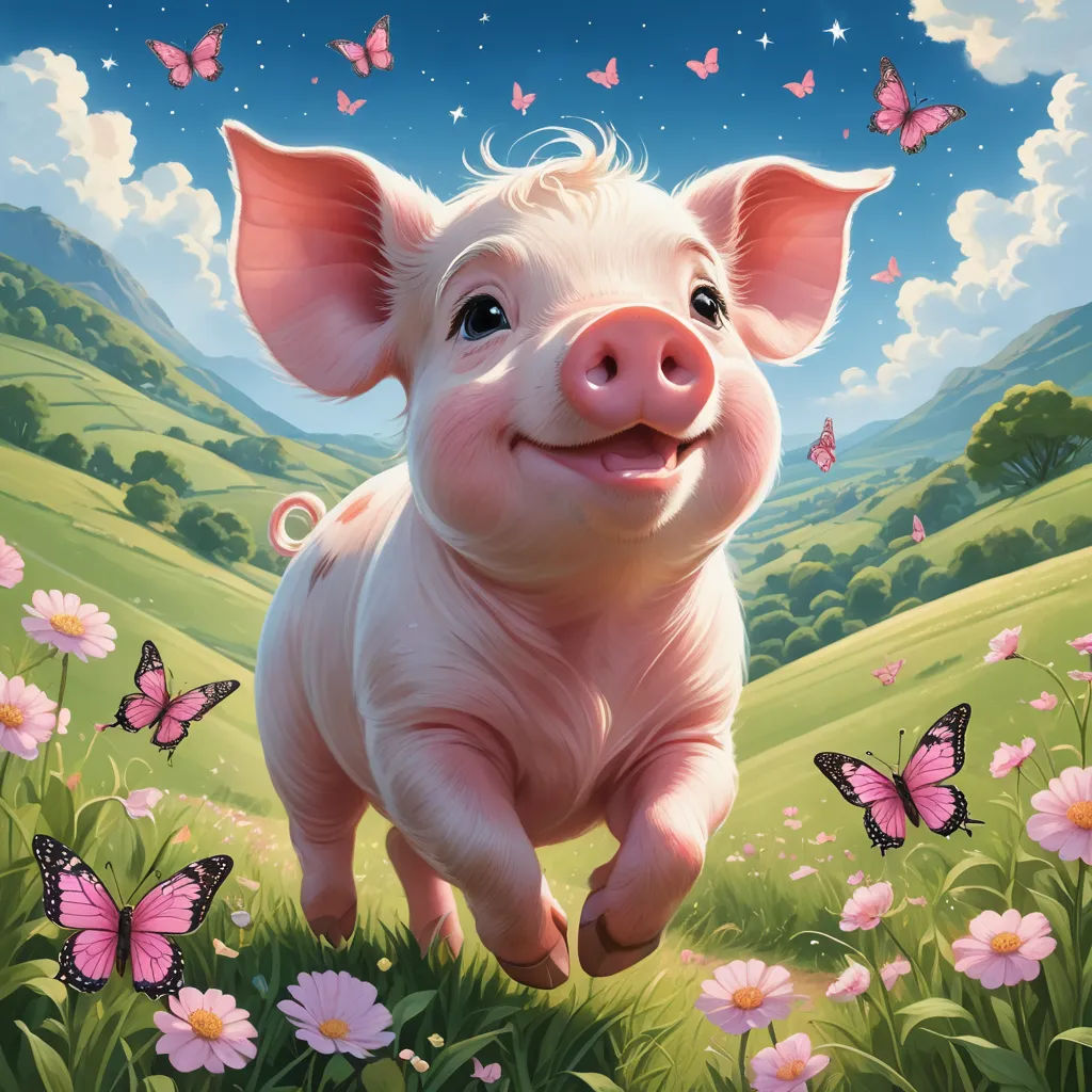 a pig running through a field of flowers and butterflies with a sky background and a pink butterfly in the foreground, sots art, a storybook illustration, Ed Binkley, official art