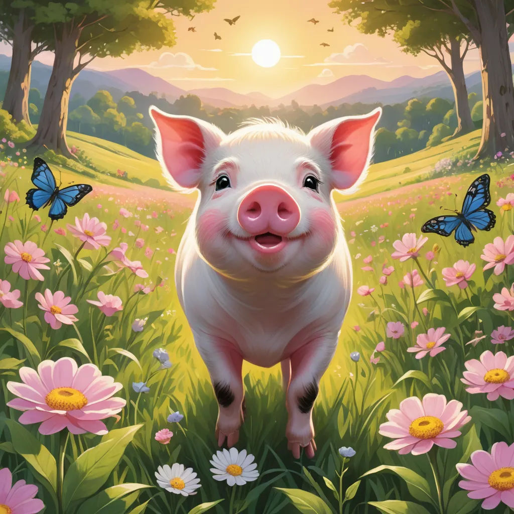 a pig standing in a field of flowers with a butterfly flying over it's head and a sun in the background, sots art, a storybook illustration, David Young Cameron, official art