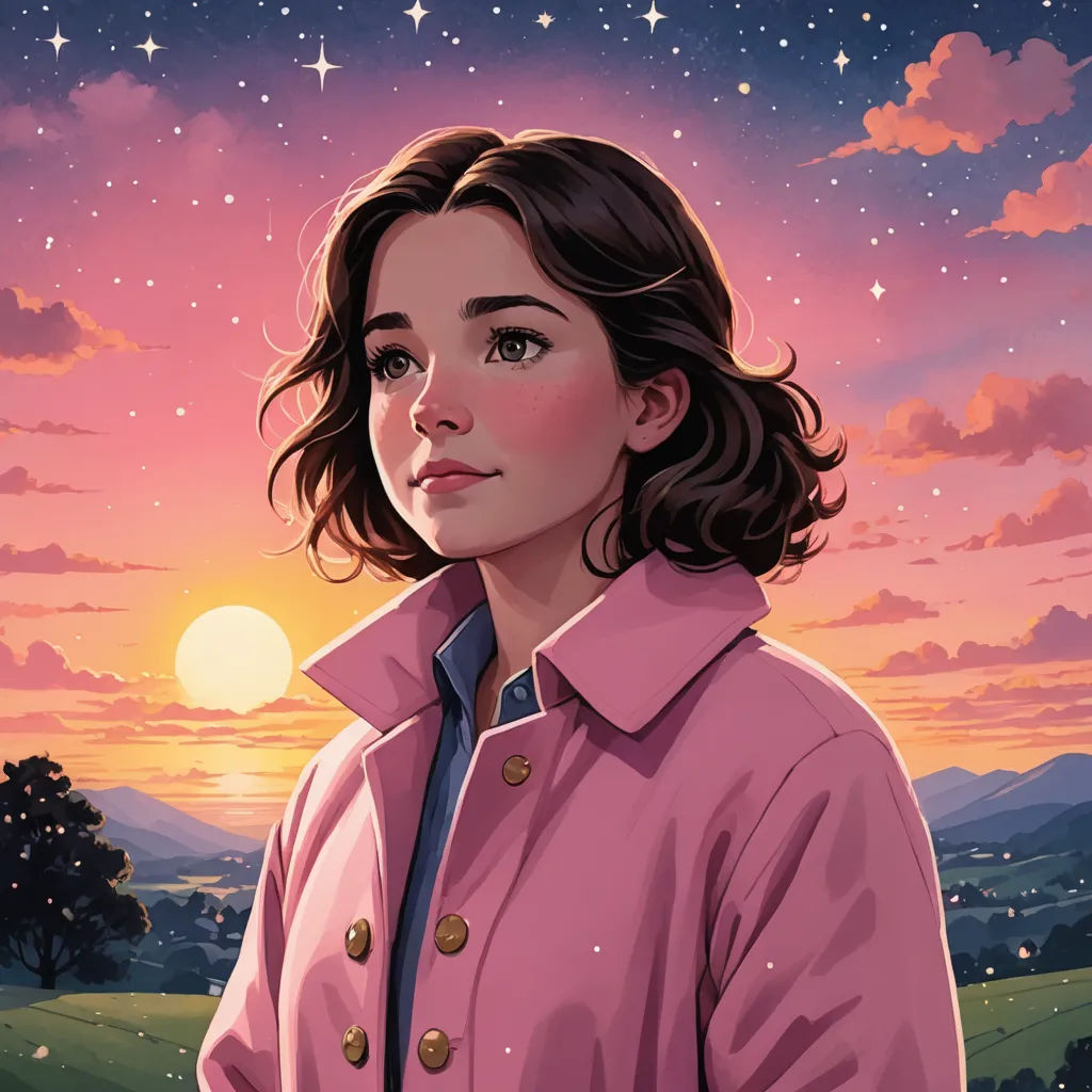 a painting of a woman in a pink coat looking at the sky with stars in the background and a sunset, space art, poster art, Dan Mumford, official art
