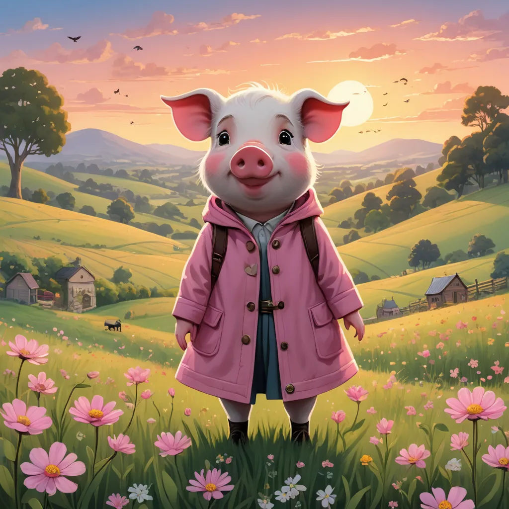 a pig in a pink coat standing in a field of flowers with a sunset in the background and a pink flower in the foreground, sots art, a storybook illustration, Elinor Proby Adams, official art