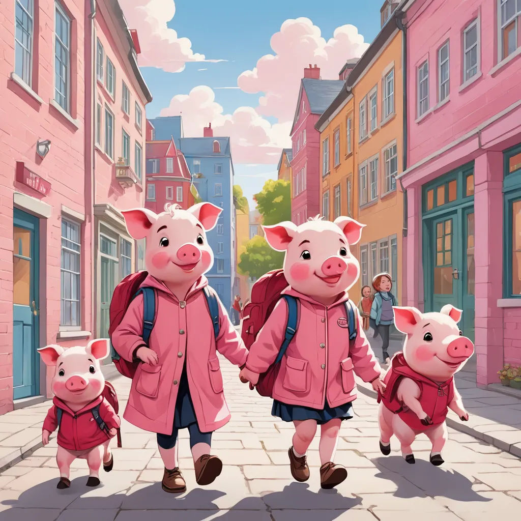 a group of pigs walking down a street next to a pink building with a woman in a pink coat, paris school, a storybook illustration, Chris LaBrooy, official art