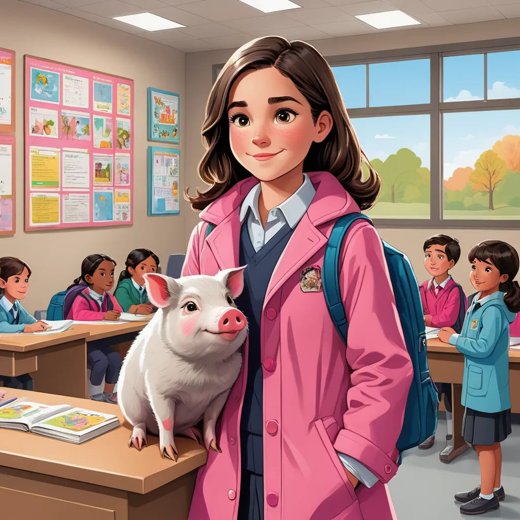a girl in a pink coat holding a pig in a classroom with other children in the background and a pink coat on, american scene painting, a storybook illustration, Constance Gordon-Cumming, official art