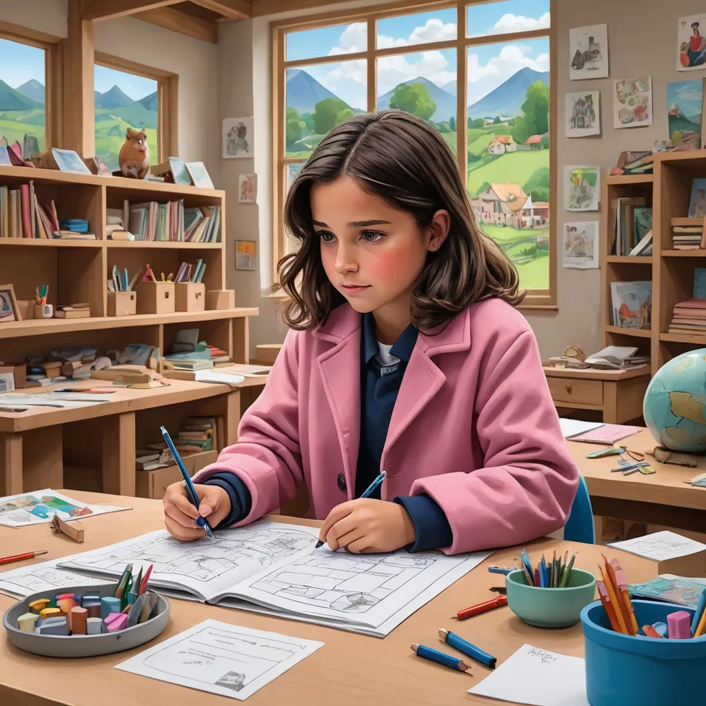 a girl is sitting at a desk with a book and pencils in front of her and a bowl of crayons, hyperrealism, a hyperrealistic painting, Evgeny Lushpin, extremely detailed oil painting