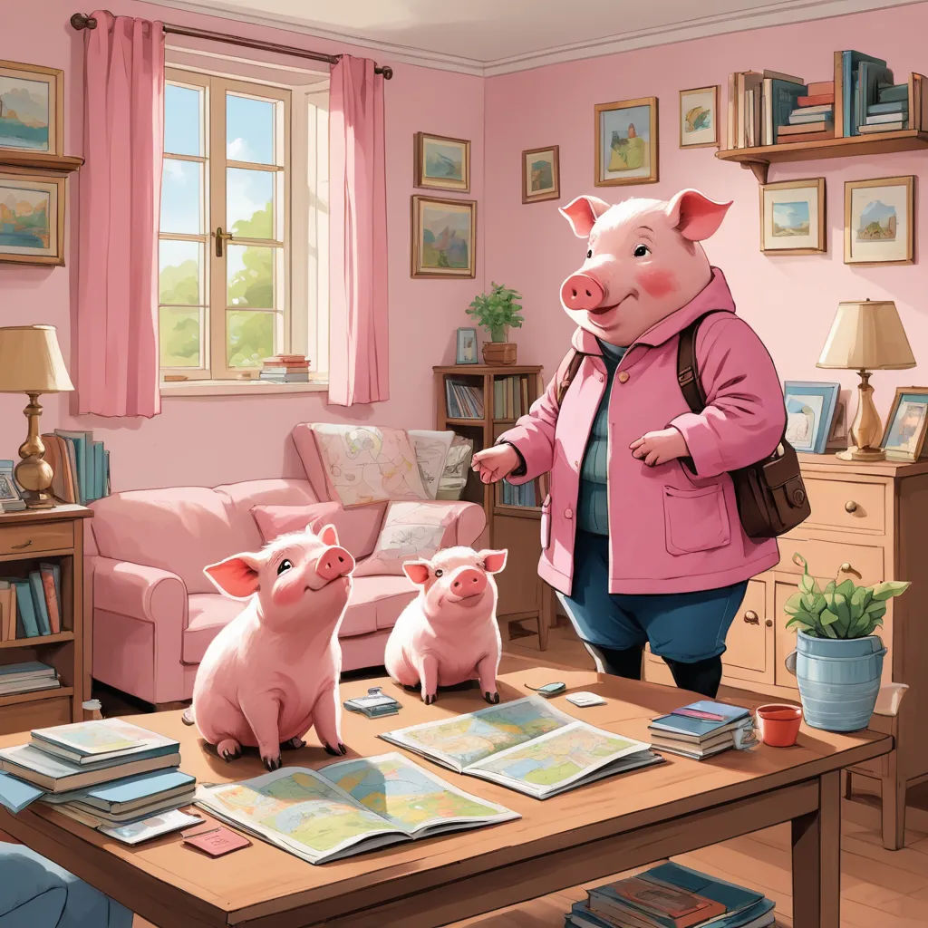 a woman in a pink jacket standing next to three pigs in a living room with pink walls and a pink couch, photorealism, a storybook illustration, Chris LaBrooy, storybook illustration