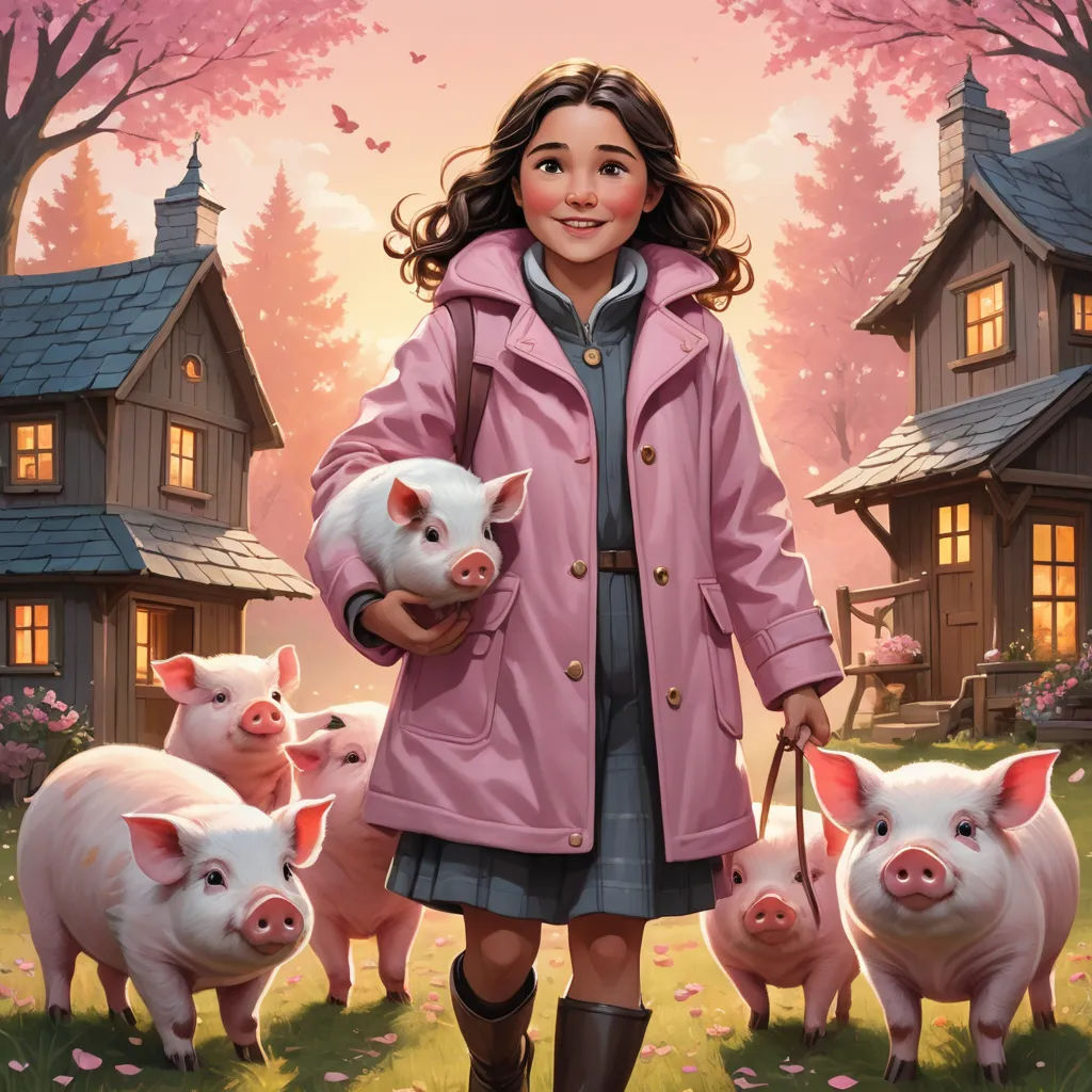 a girl in a pink coat holding a pig and a piggy pig in front of a house with pink flowers, magical realism, a storybook illustration, Bob Byerley, kinkade