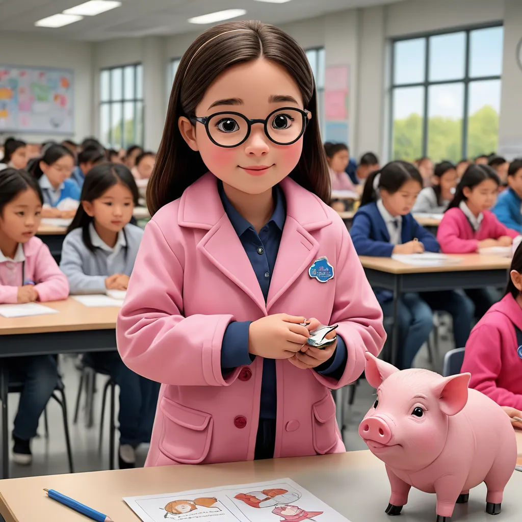 a girl in a pink coat and glasses holding a cell phone next to a piggy bank in a classroom, les automatistes, a computer rendering, Chen Hong, promotional image