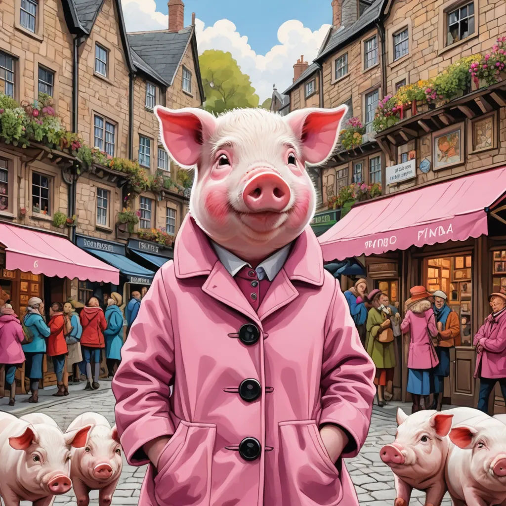 a pig in a pink coat standing in front of a group of pigs in a town square with people in the background, fantastic realism, a storybook illustration, David Young Cameron, highly detailed digital painting