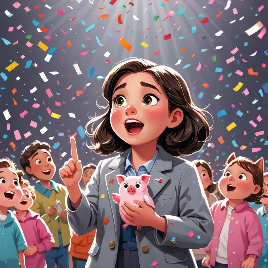 a woman holding a pig in front of a crowd of children with confetti on the ceiling and confetti falling from the ceiling, socialist realism, a storybook illustration, Fan Qi, comic cover art