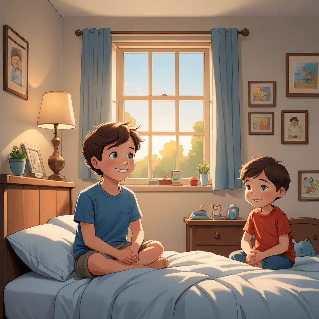 a boy and a boy sitting on a bed in a bedroom with a window and a lamp on the nightstand, american scene painting, a storybook illustration, Diego Gisbert Llorens, rossdraws global illumination