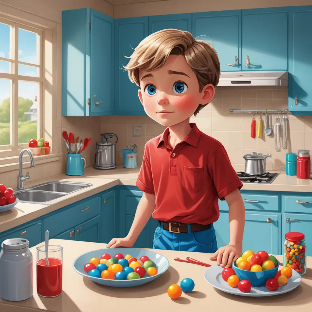 a boy in a kitchen with a plate of candy balls and a bowl of fruit on the counter top, pop surrealism, a storybook illustration, Chris LaBrooy, storybook illustration