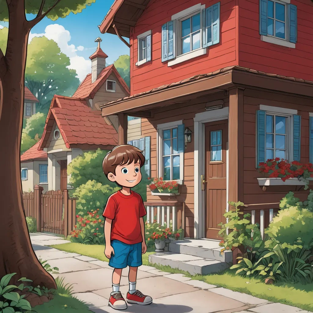 a boy standing in front of a house in a cartoon style with a tree in front of him and a house in the background, american scene painting, a storybook illustration, Chris LaBrooy, official art