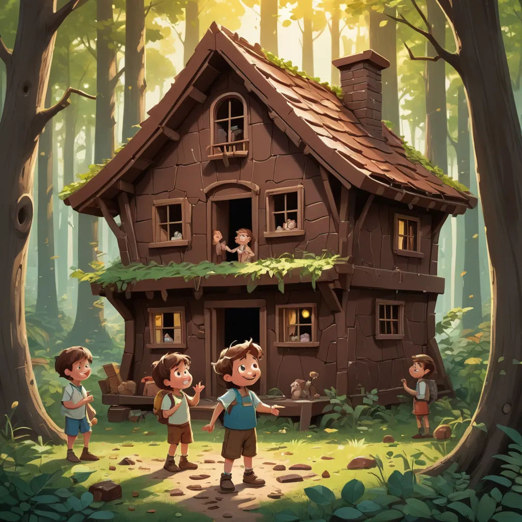 a group of children standing outside of a house in the woods with a dog and a cat on the porch, fantasy art, a storybook illustration, Andreas Rocha, storybook illustration
