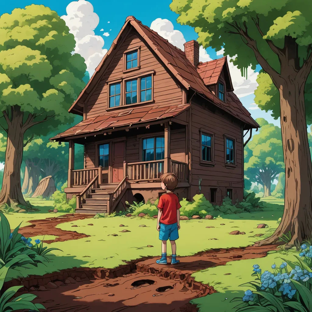 a boy standing in front of a house in the woods with a dog in front of it and a dog in the yard, magical realism, a storybook illustration, Chris LaBrooy, storybook illustration