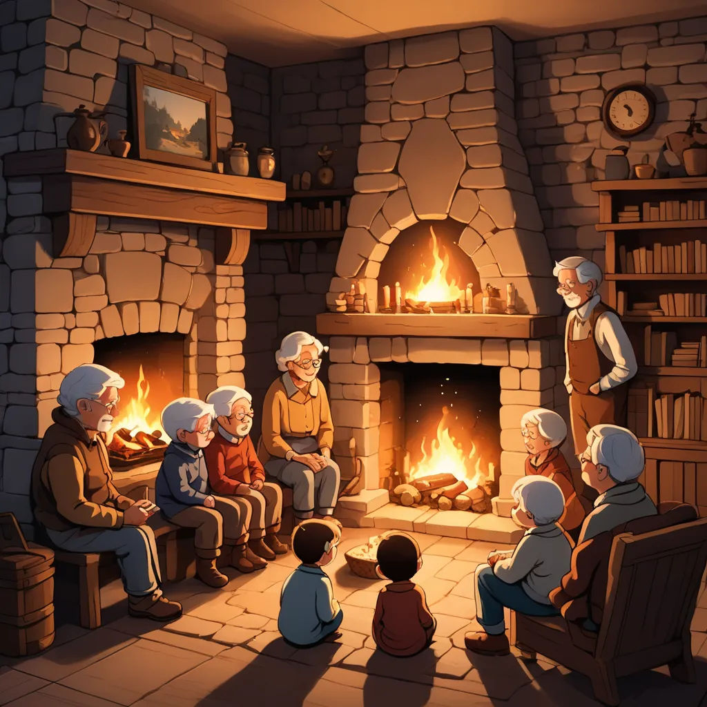 a family sitting in front of a fireplace in a living room with a fire place in the fireplace and a man standing in the corner, sots art, a storybook illustration, Don Bluth, storybook illustration