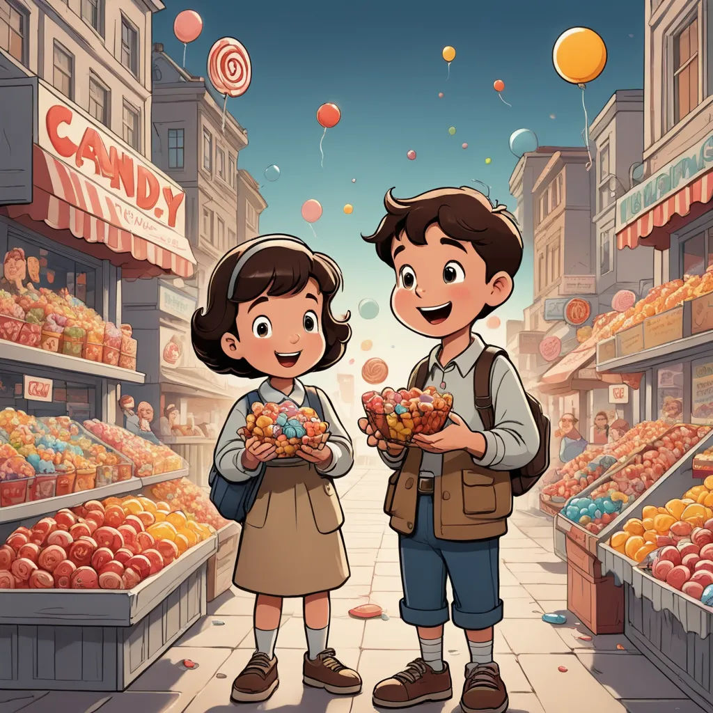 a couple of people standing in front of a store filled with fruit and candys and balloons flying above them, lyco art, a storybook illustration, Diego Gisbert Llorens, official art