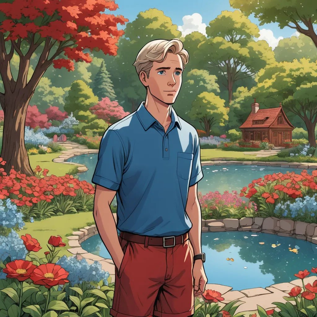 a man standing in front of a pond surrounded by flowers and trees with a house in the background and a pond in the foreground, sots art, a character portrait, Cedric Seaut (Keos Masons), kinkade