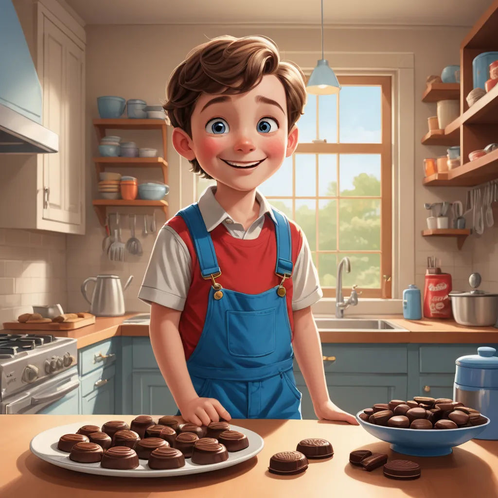 a cartoon boy is making chocolate cookies in the kitchen with a plate of cookies in front of him and a bowl of cookies in the foreground, photorealism, a storybook illustration, Alejandro Burdisio, cgstudio
