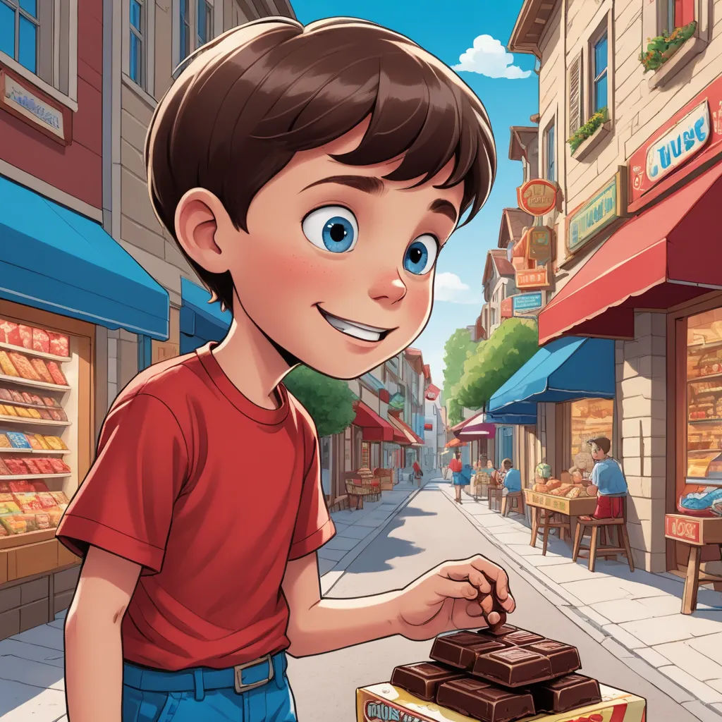 a boy is holding a box of chocolate in a cartoon style, with a city street in the background, lyco art, a storybook illustration, Diego Gisbert Llorens, official art