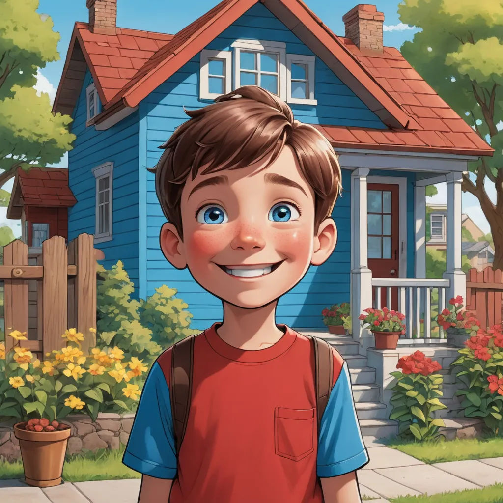 a boy standing in front of a blue house with a red roof and a red shirt on and a blue backpack, american scene painting, a storybook illustration, Aaron Jasinski, rossdraws global illumination