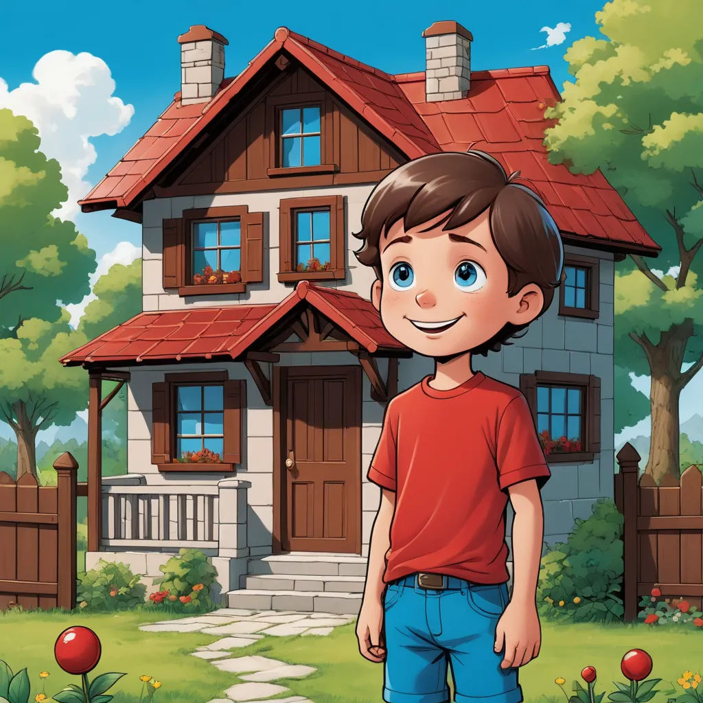 a boy standing in front of a house with a red roof and a red roof on it's roof, american scene painting, a storybook illustration, Andrey Esionov, storybook illustration