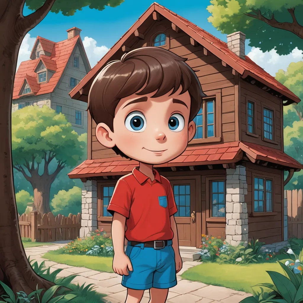 a boy standing in front of a house in a cartoon style with a tree and a path leading to it, american scene painting, a storybook illustration, Diego Gisbert Llorens, storybook illustration