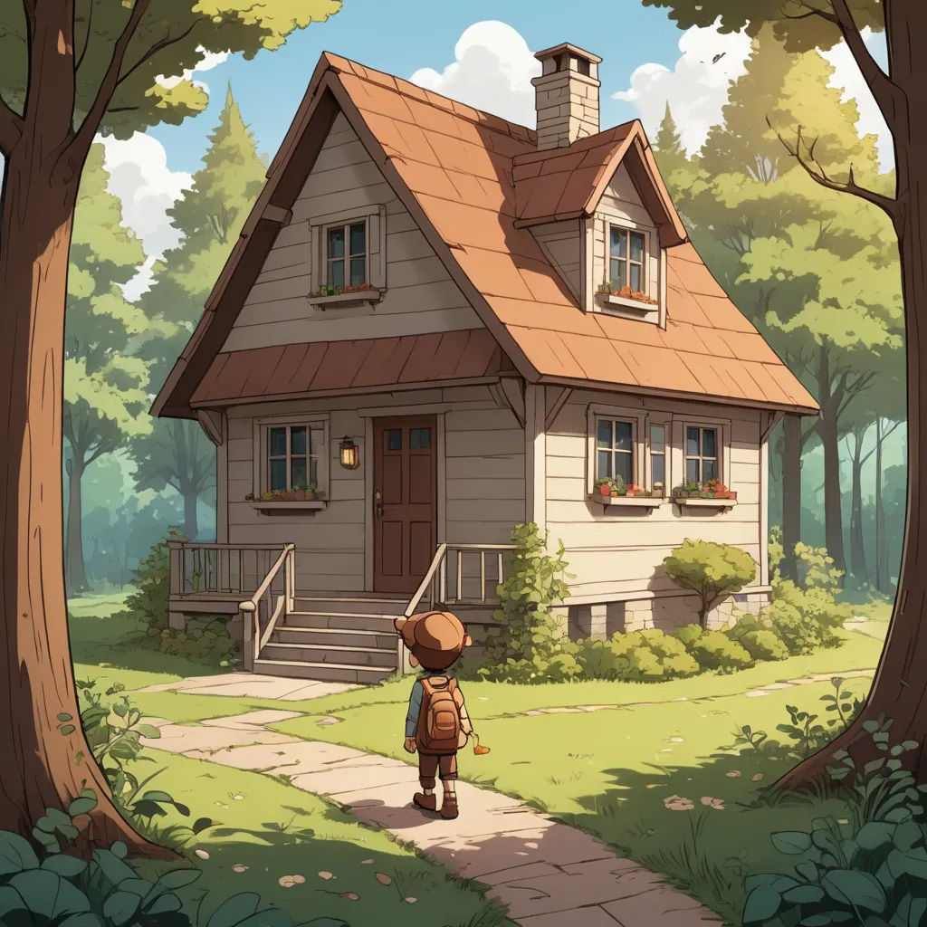 a little boy standing in front of a house in the woods with a teddy bear on the porch and a dog on the sidewalk, plein air, a storybook illustration, Diego Gisbert Llorens, rossdraws global illumination
