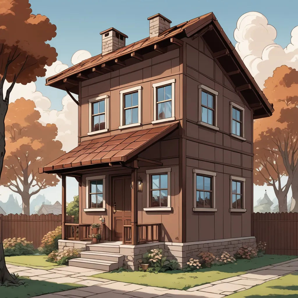 a house with a brown roof and a brown roof and a tree with orange leaves and a fence with a few bushes, american scene painting, a detailed matte painting, Chris Ware, official art